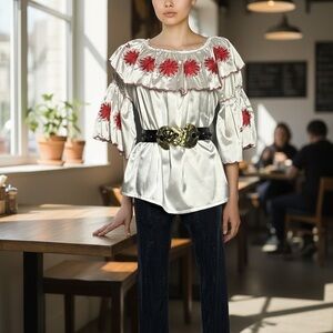 NEW white and Red Ruffle Satin Floral Embroidered Women's Top One Size